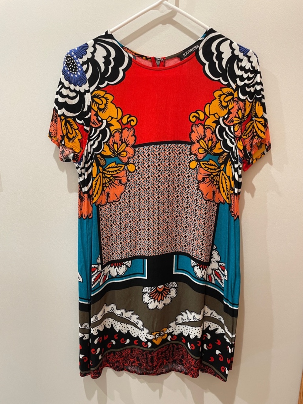 Express Bold Floral Colorblock Mini Dress - Red, Teal & Orange